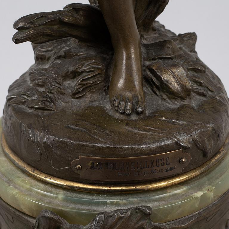 A bronze, green stone table clock, 'La Merveilleuse', after Auguste Moreau, 20th century.