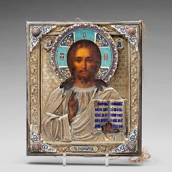 233. A Russian silver and cloisoné enamel icon of Christ Pantocrator, mark Sergei Zharov possibly, Moscow late 19th century.