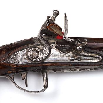 A pair of Swedish flintlock pistols by Petter Rundberg (1718-80), master in 1752.