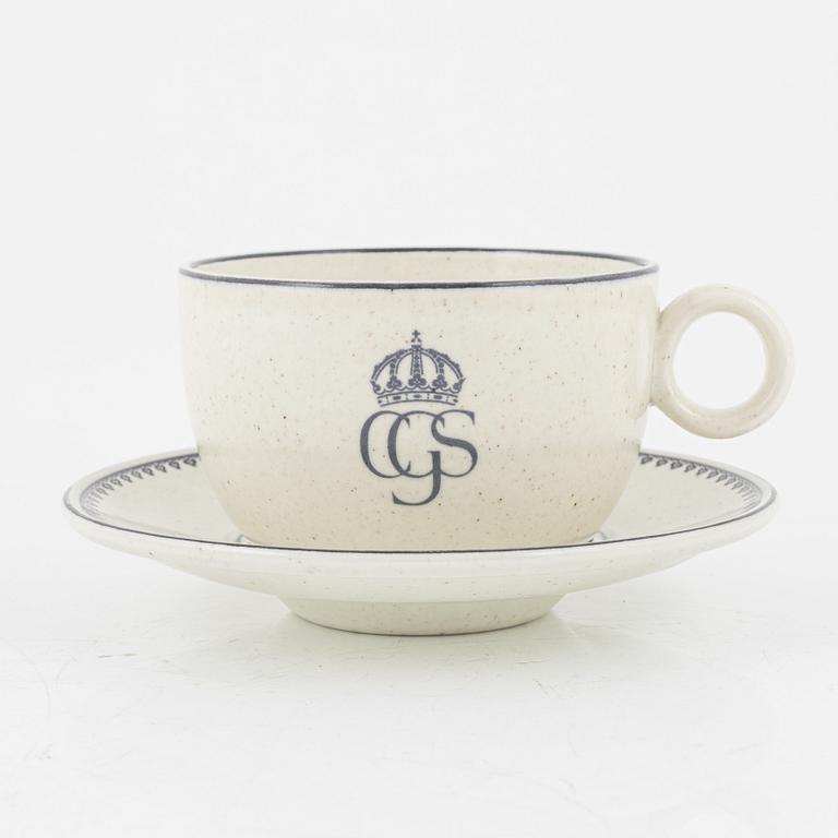 Stig Lindberg, a' Birka' cup with saucer, with royal monogram under crown, Gustavsberg, 1976.