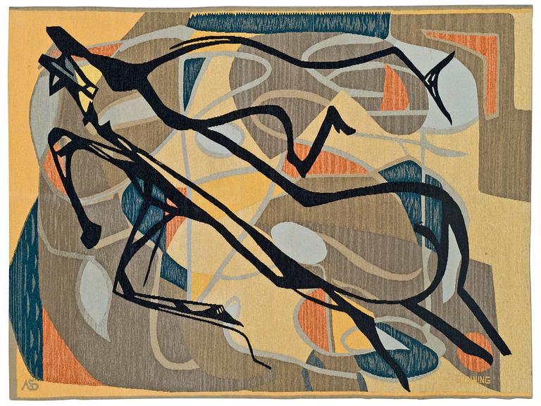 VÄVD TAPET. "Le cerf" ("Hjorten"). Gobelängteknik. 144 x 189  cm. Signerad MS GYNNING (Manufactures Sénégalaises des Arts Décoratifs - Thiés, Sénégal, Lars G.).