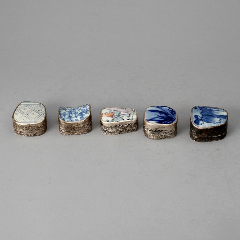 PARTI DOSOR, 5 st, silver och porslin. 1800/1900-tal.