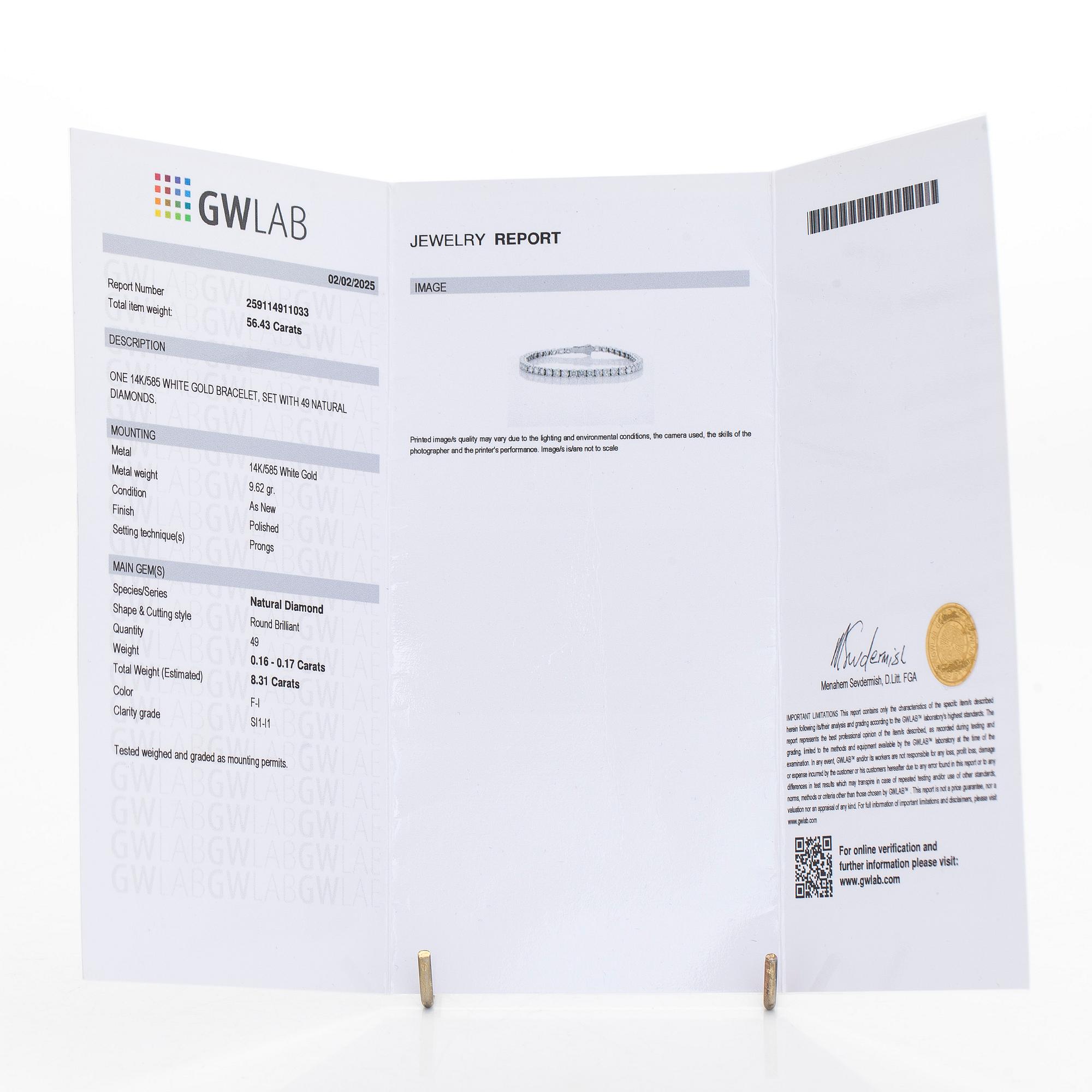 Tennis bracelet, brilliant cut diamonds, 14K white gold.