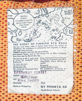 Ritva Puotila, ryijy, Oy Finnrya Ab. Noin 183x274 cm.