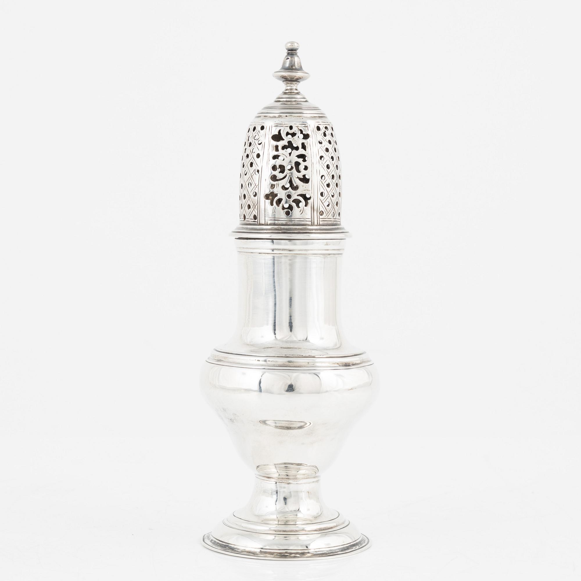 An English silver sugar shaker, marks of Benjamin Mordecai, London 1781.