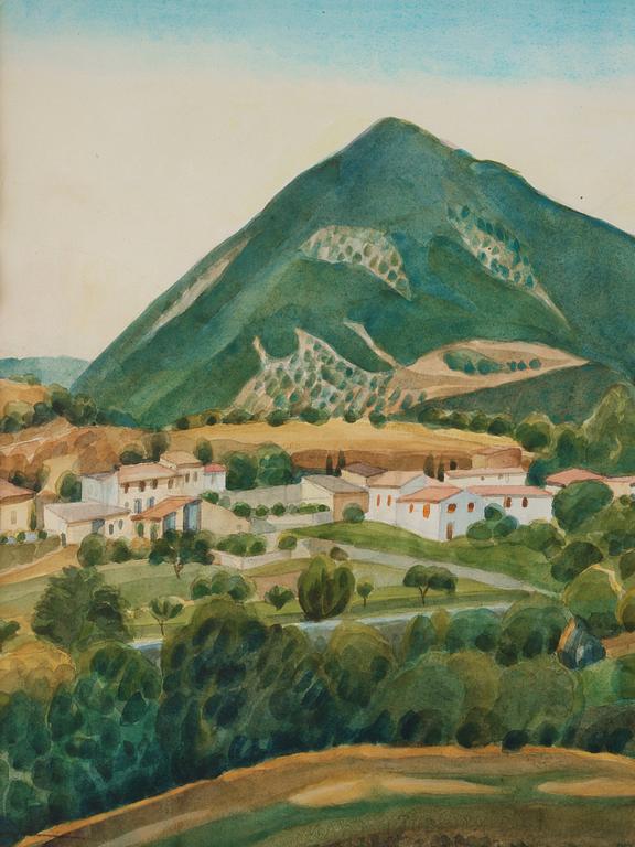 Josef Frank, akvarell, sydländsk landskapsvy med berg i fonden, osignerad.