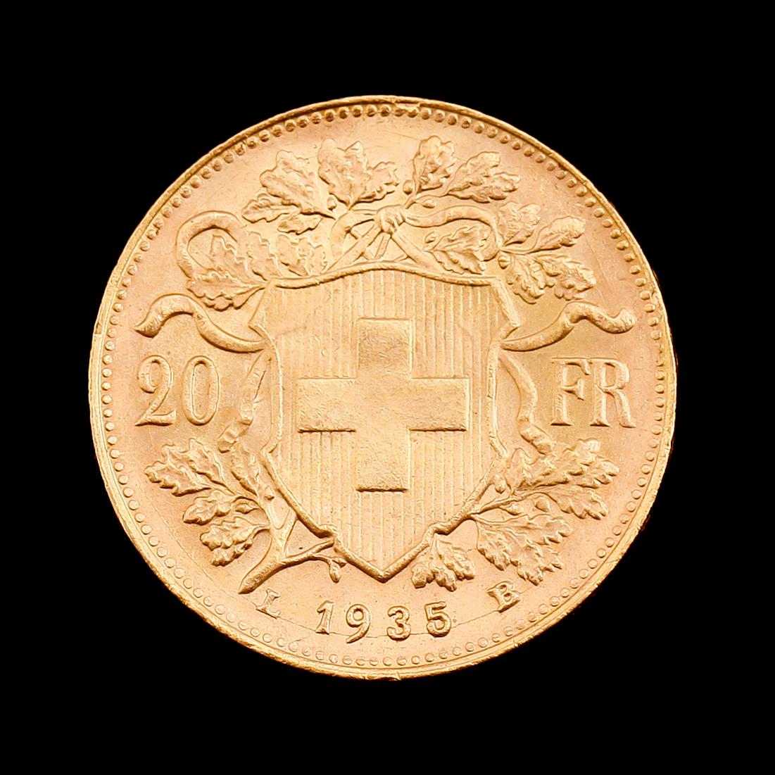 GULDMYNT, 20 franc, Schweiz, 1935. Vikt ca 6 gram.