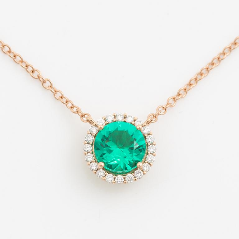 Necklace 18K gold with synthetic emerald and brilliant-cut diamonds.