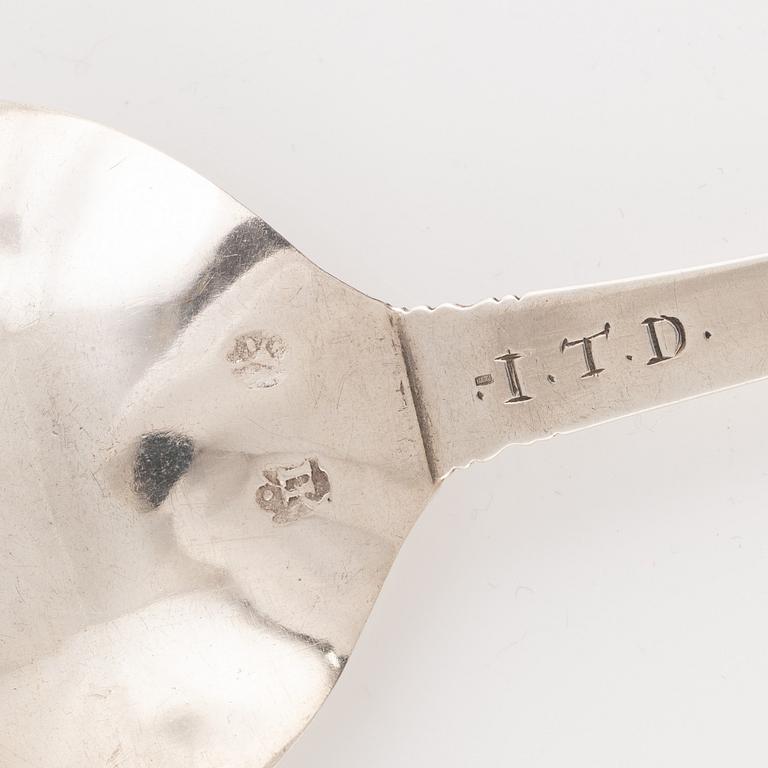 A probably Scandinavian 18th century silver spoon, unidentified makers mark IK, unclear hallmark.