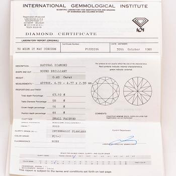 Brilliant-cut diamond 0,40 ct, F IF, IGL cerificate 1981.