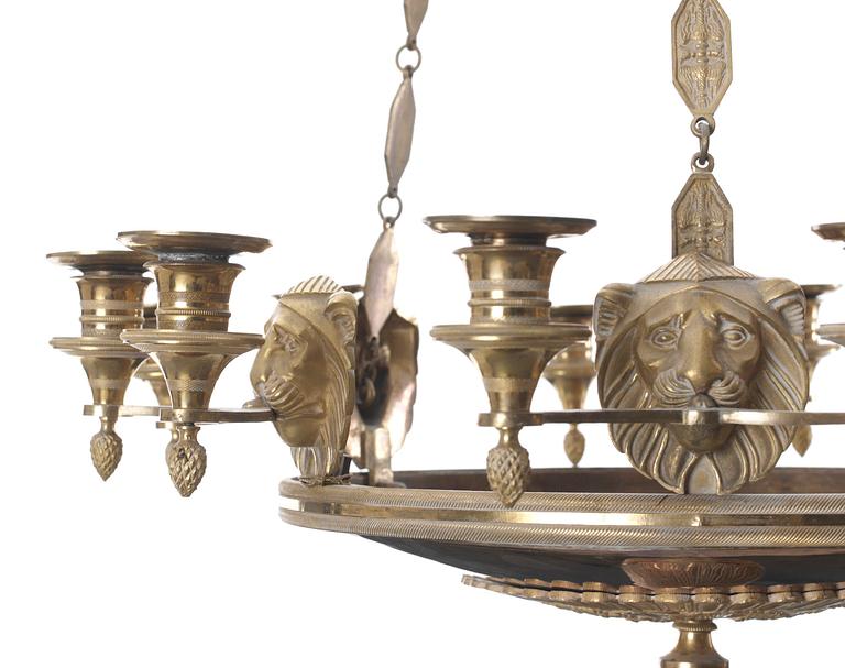 An Empire/Empire-style twelve-light hanging lamp.