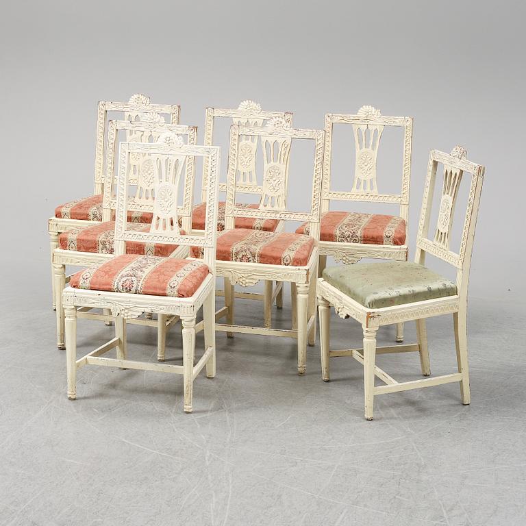 Seven Gustavian chairs from around year 1800.