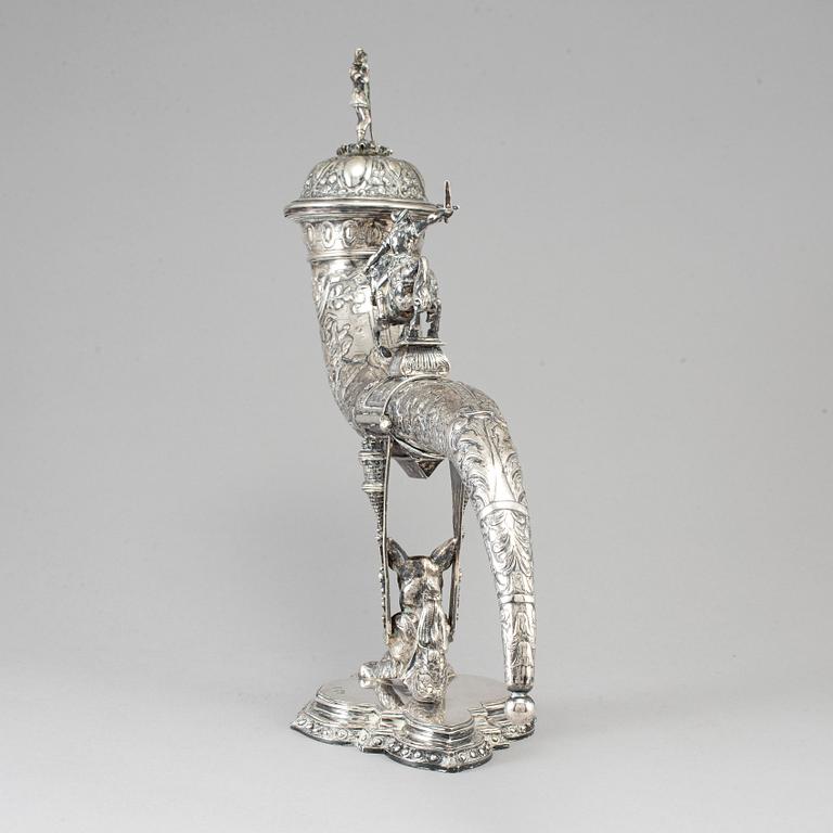 A German silver drinking horn, JD Schleissner & Söhne, Hanau around 1900.