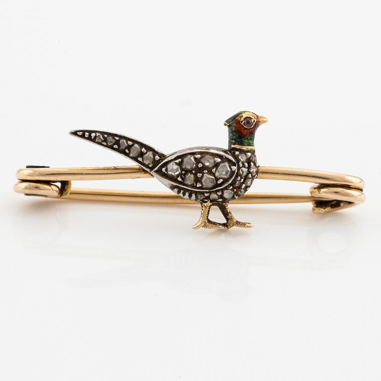 Brooch in the shape of a pheasant, gold and silver with rose-cut diamonds and enamel.