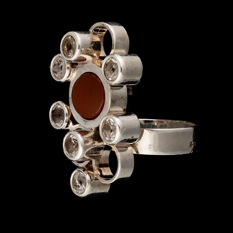 ELIS KAUPPI, ring "Tunturipuro", silver, carnelian, rock crystal. Kupittan Kulta, Turku Finland.