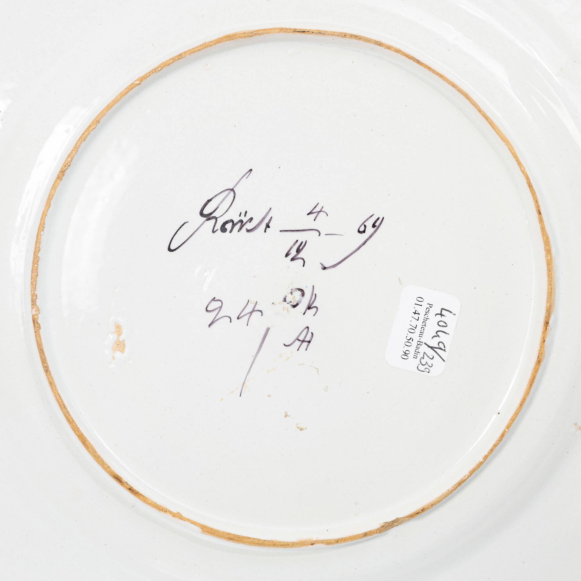 Two Swedish faiance plates, Marieberg and Rörstrand, 1769 and 1770.
