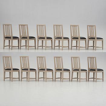 Twelve late Gustavian late 18th century chairs.