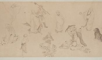 A handscroll depicting eighteen Lohans, attributed to Gai Qi (Yuhu waishi, 1774-1829).