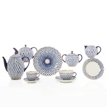 Coffee and tea service, 32 pieces, "Cobalt Net", Lomonosov, Soviet Union.