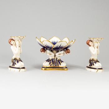 ROYAL DUX, a porcelain bowl and pair of candlesticks, Czechoslovakia.