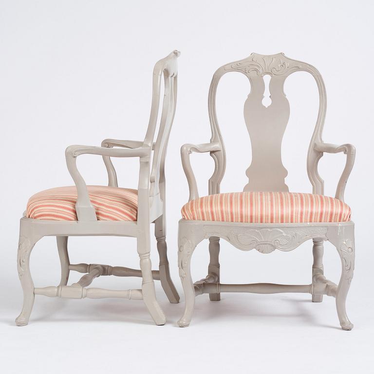 A pair of Swedish Rococo armchairs, Stockholm, 18th century.