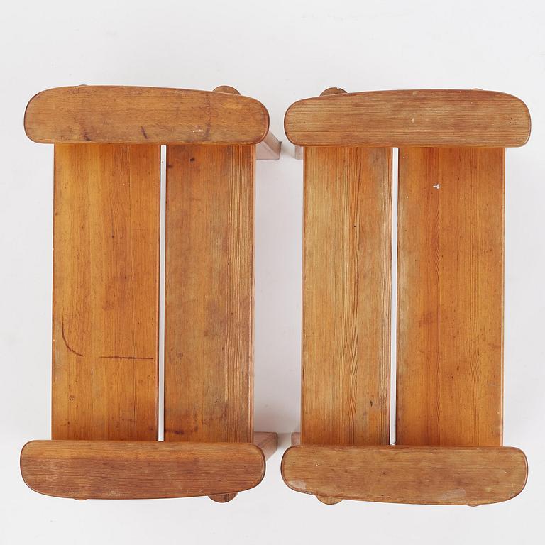 David Rosén, a pair of stained pine "Berga" stools, Nordiska Kompaniet, Sweden, 1940s.