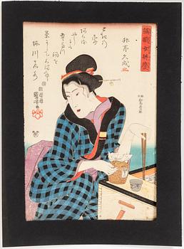 Two Japanese woodblock prints by UTAGAWA KUNIYOSHI, from the series of Women as Benkei. Publisher: Iba-ya Kyûbei 1844.