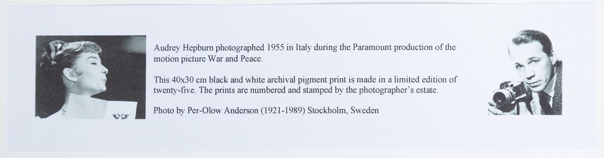 Per-Olow Anderson, "Aubrey Hepburn photographed in 1955 in Italy during the Paramount production of the picture War and...".
