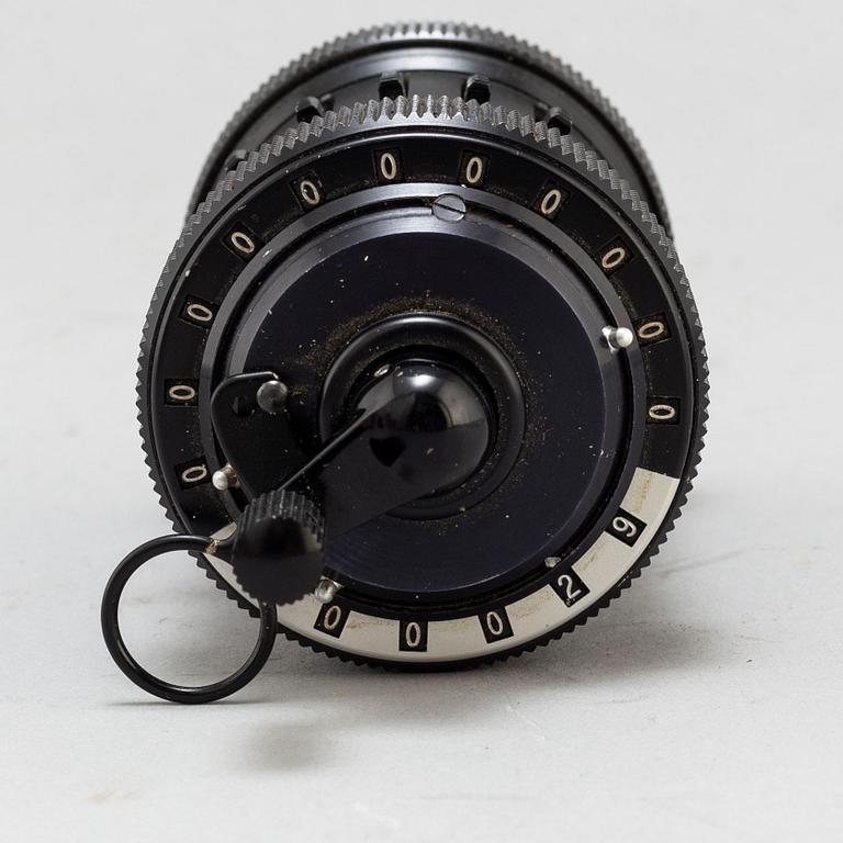 A 'Curta, Type I' calculator developed by Curt Herzstark, Contina AG Mauren, Lichtenstein, designed in 1947.