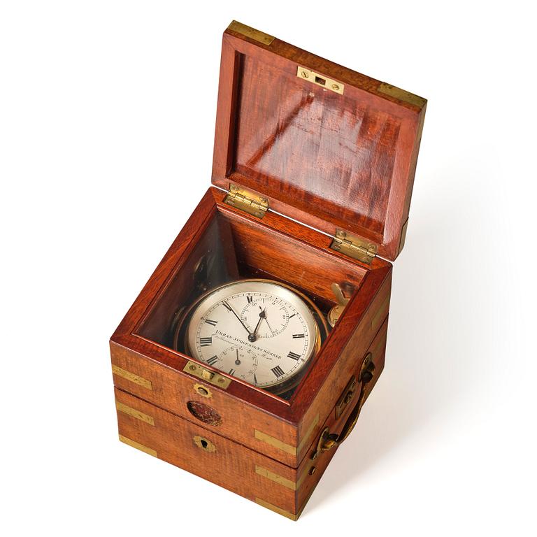 Urban Jürgensen & Sønner, a mid 19th century two-day brass bound mahogany marine chronometer, no. 38.