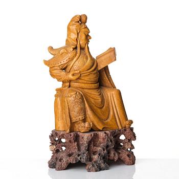 A Chinese Soapstone sculpture of the warrior god Guandi, Qing dynasty, 19th Century.