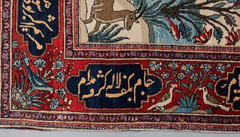 A CARPET, a semi-antique Kashan figural, possibly Motachem, ca 199 x 137 cm.