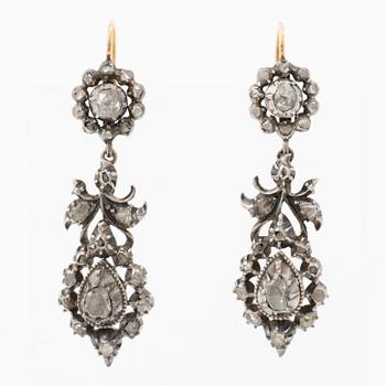 Earrings, a pair, silver and 18K gold with rose-cut diamonds.