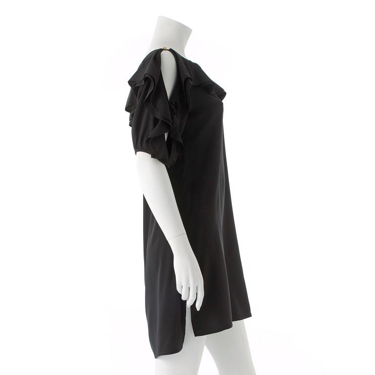 LOUIS VUITTON, a black silk dress with ruffle neck and arms.