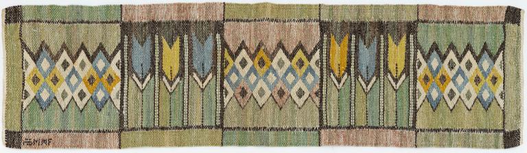 Märta Måås-Fjetterström,  a textile, "Crocus", flat weave, ca 91 x 25 cm, signed AB MMF.