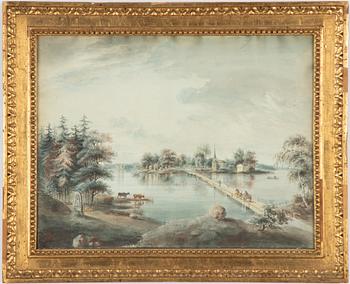 Elias Martin, attributed, Lake landscape with a church, choir, figures, and rune stone.