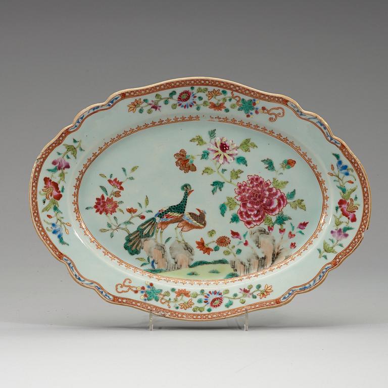 Two larger and one small famille rose 'double peacock' serving dish, Qing dynasty, Qianlong (1736-95).