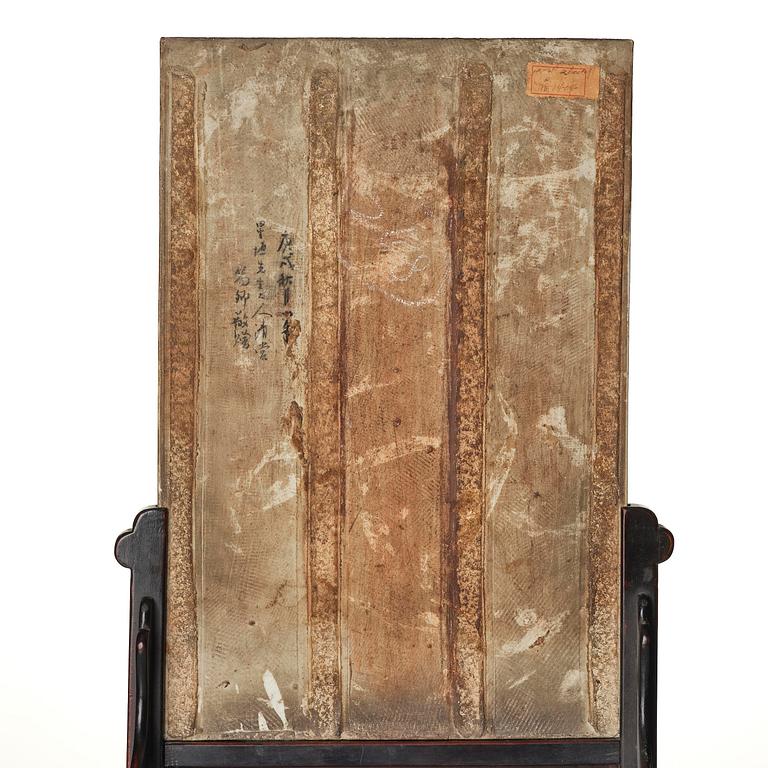 A Chinese famille rose porcelain table screen with hardwood stand, 20th century.