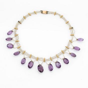 Necklace, 18k gold with amethysts and seed pearls.