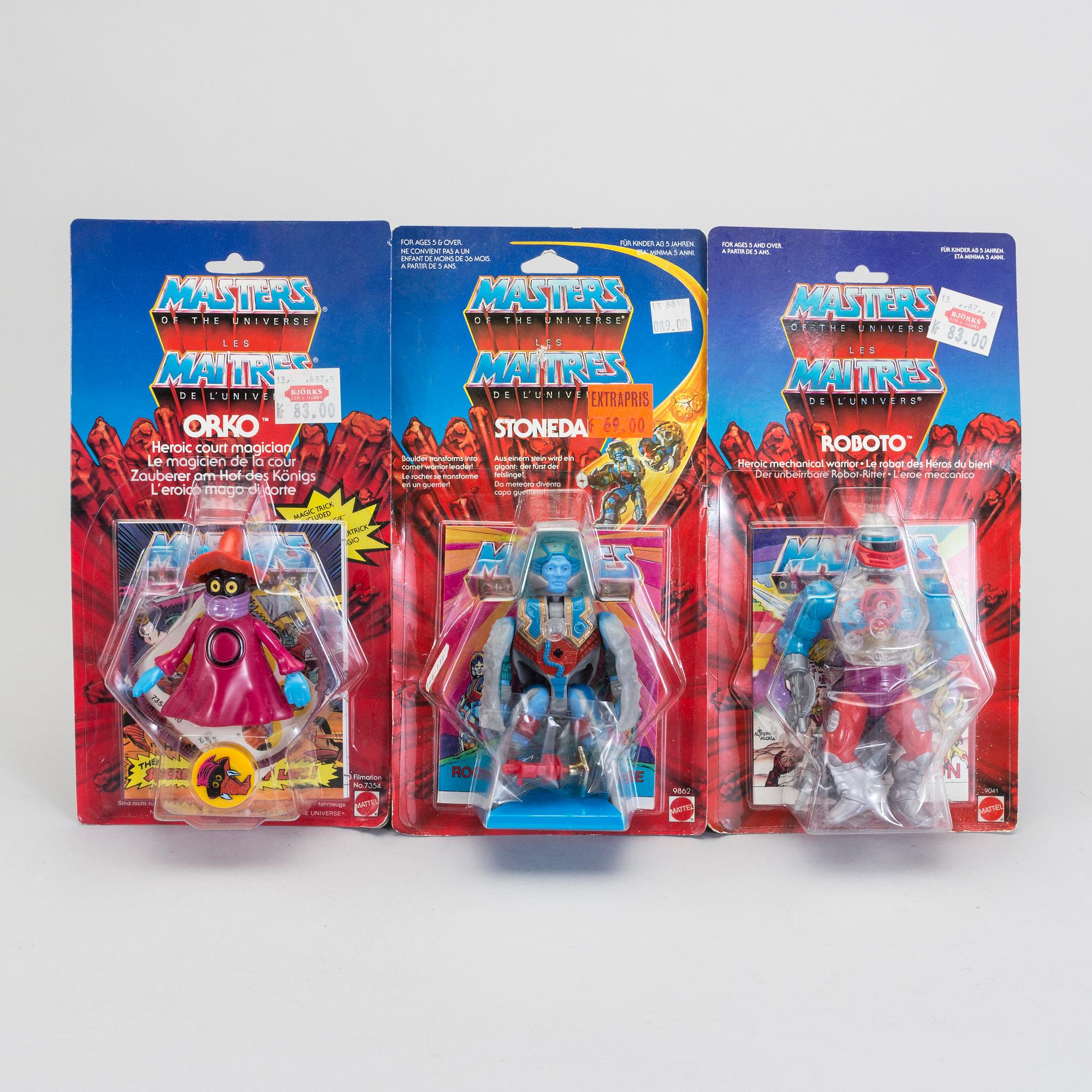 MASTERS OF THE UNIVERSE, Battle cat, Roboto, Stonedar samt Orko, Mattel, 1983-85.
