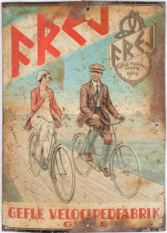 REKLAMSKYLT, plåt, Gefle Velocipedfabrik, 1900-talets första hälft.