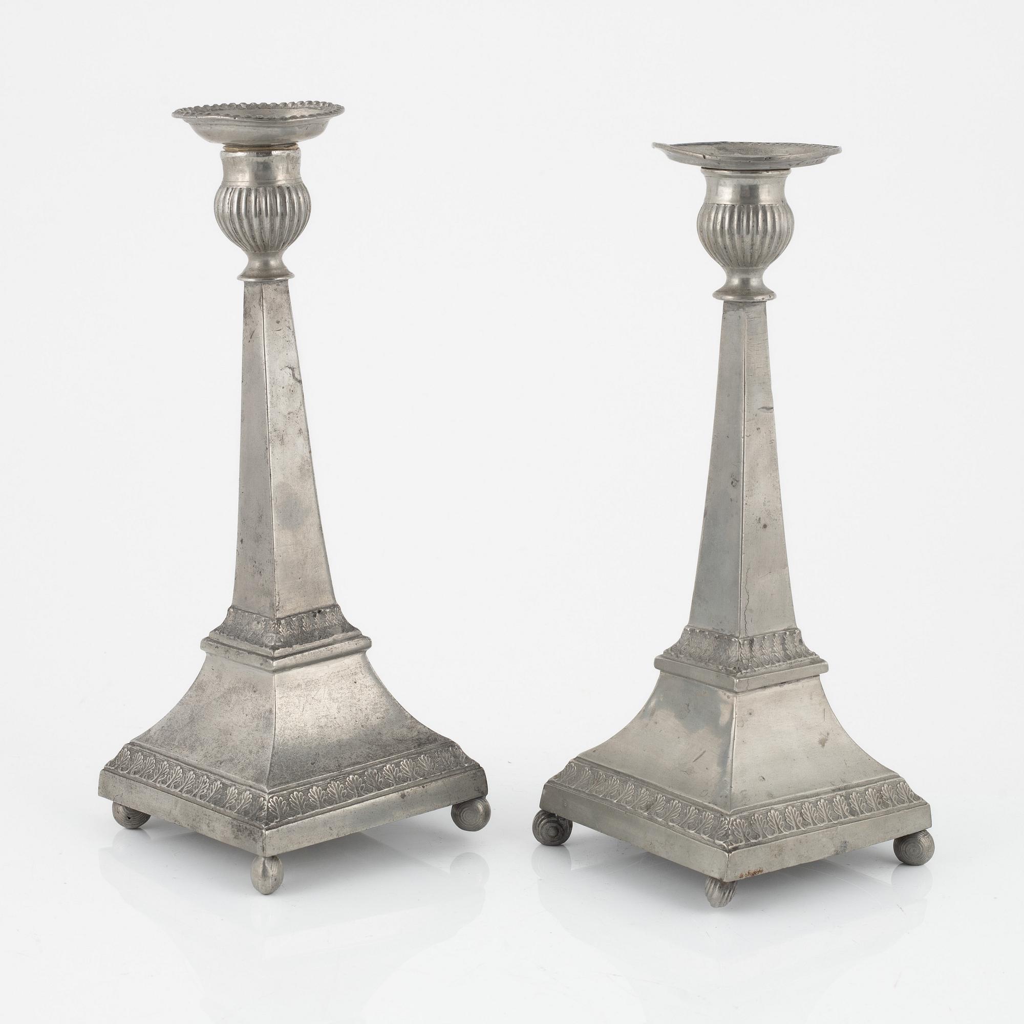 A pair of Empire pewter candlesticks, mark of Sven Ekström, Norrköping 1823.