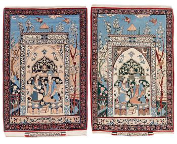405. Mattor, ett par, figurala, Isfahan, centrala Persien, signerade (Mohammad) Seirafian, ca 120 x 77 resp 114 x 74 cm.