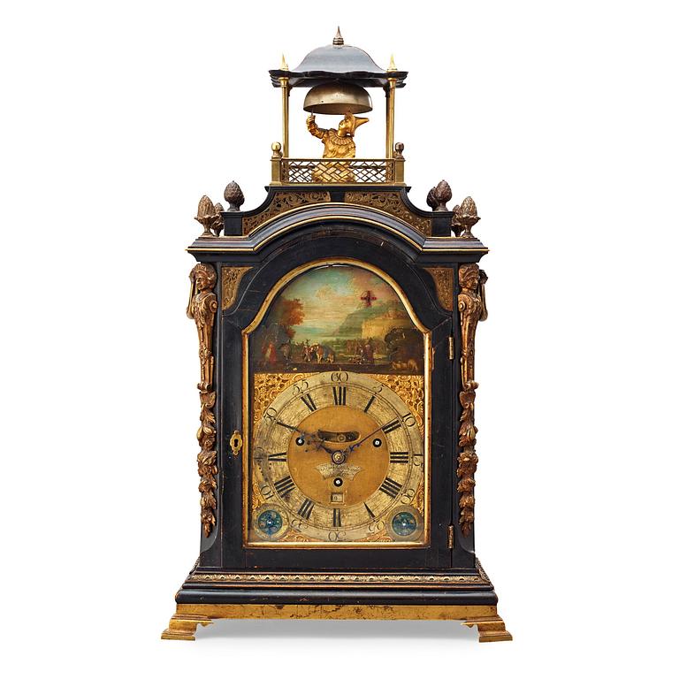 A George III ebonised and brass-mounted striking and musical automaton table clock, Stephen Rimbault, London, 1744-85.