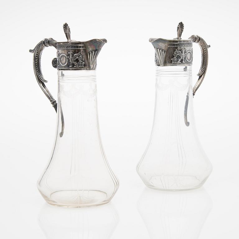 A PAIR OF WINE JUGS, silver and glass, Lazarus Posen, Frankfurt early 20th century.