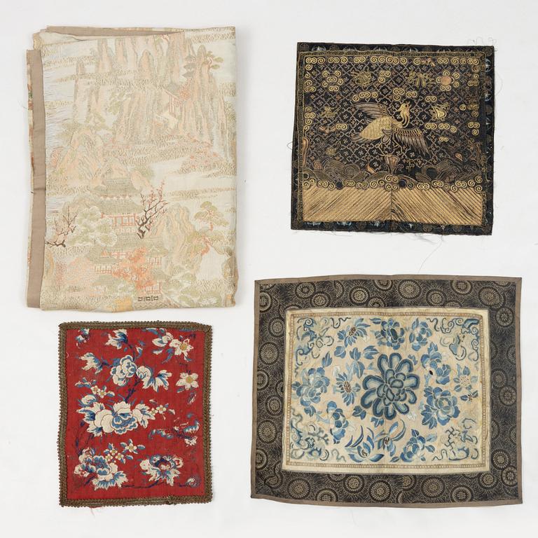 Two rank badges, two embroideries, and a brocade, China, part Qing dynasty.