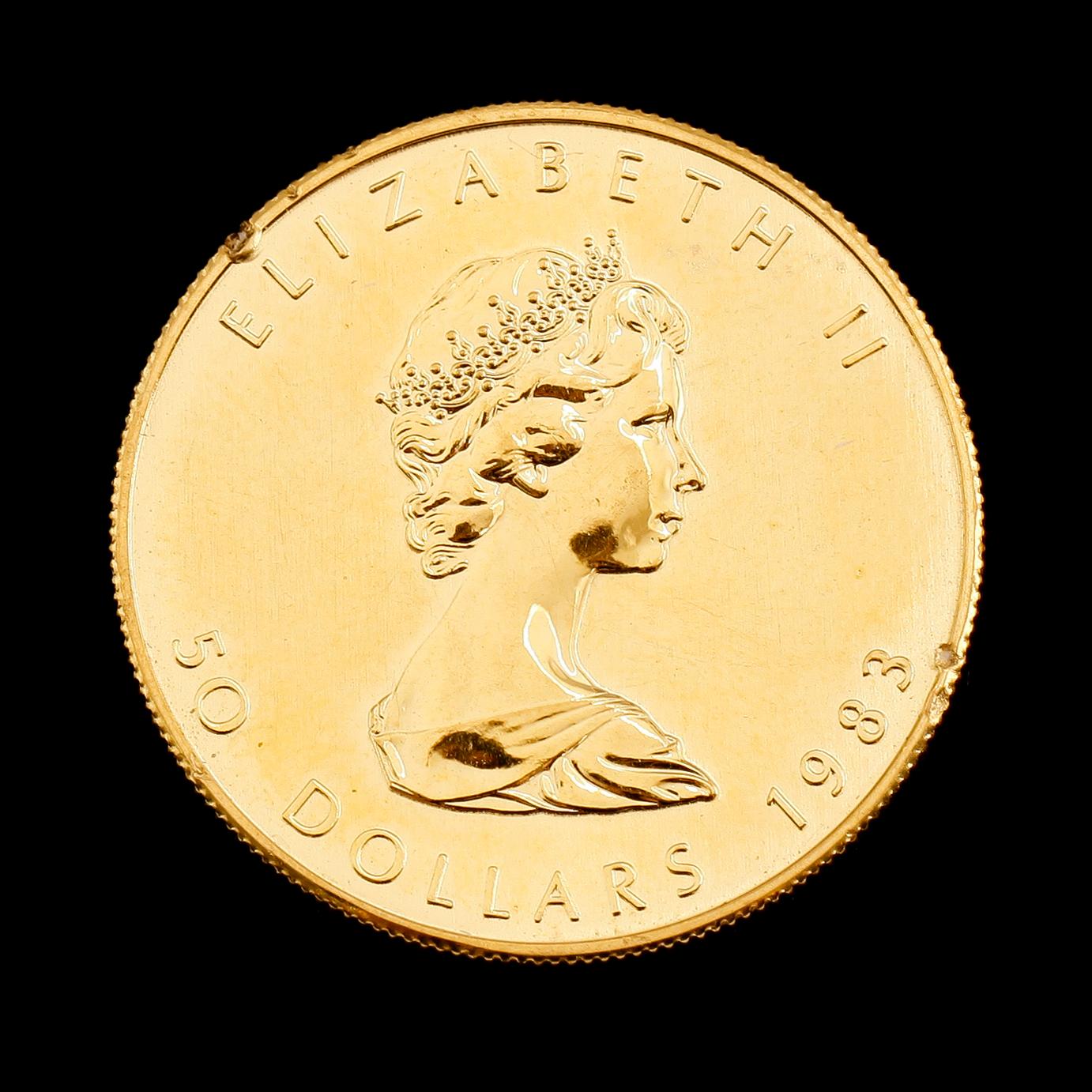 GULDMYNT, fine gold, 50 dollar, Elizabeth II, Canada, 1983. Vikt ca 31 gram.