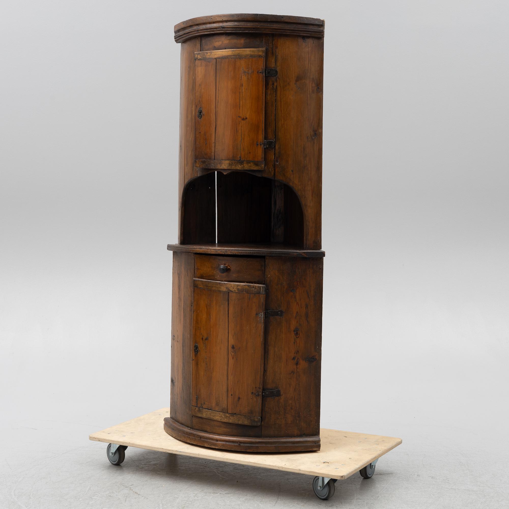 Corner cupboard, folk art, circa 1800.