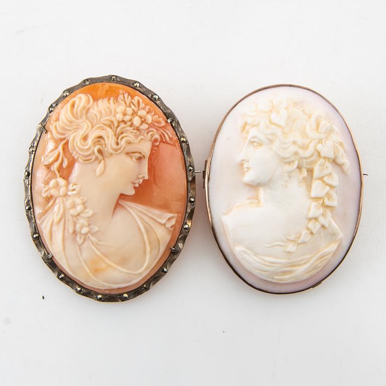 Brooches, 2 pcs, Cameo and silver.