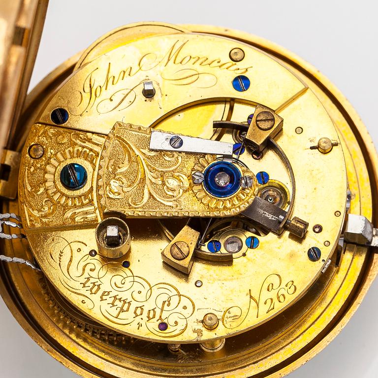 Taskukello, 52 mm, 18K kultaa, John Moncas, Liverpool, 1800-luvun ensimmäinen puolisko.